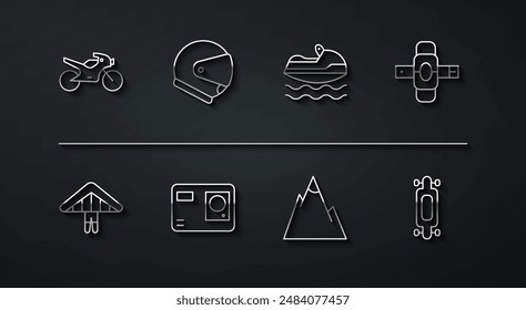 Set line Motorcycle, Hang glider, Knee pads, Mountains, Action extreme camera, Helmet, Longboard skateboard and Jet ski icon. Vector