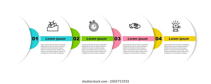 Set line Mountain bicycle, Stopwatch, Bicycle shoes and bell. Business infographic template. Vector