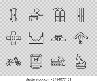 Set line Mountain bike, Skates, Aqualung, First aid kit, Longboard or skateboard, park, Snowmobile and Hang glider icon. Vector