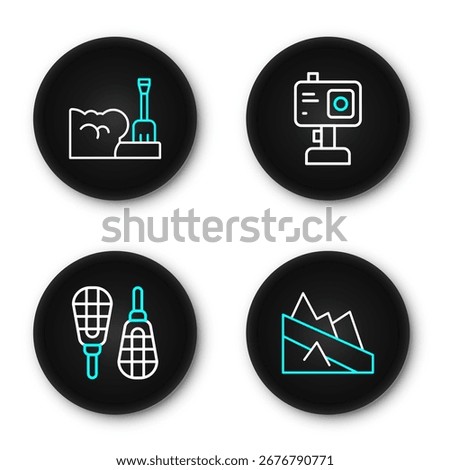 Set line Mountain descent, Snowshoes, Action camera and Shovel snowdrift icon. Vector