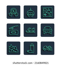 Set line Mountain descent, Thermos container, Ice resurfacer, Folded map, Sled, Winter fishing, Medal and Hockey helmet icon. Vector