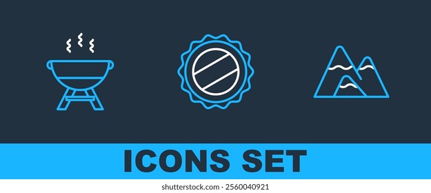 Set line Mountains, Barbecue grill and Bottle cap icon. Vector