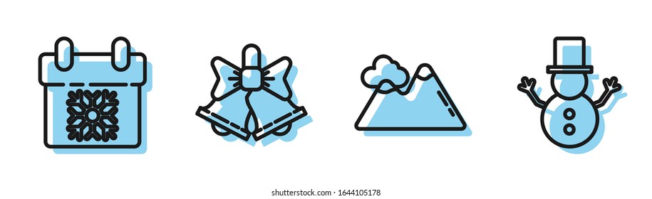 Set line Mountains, Calendar, Merry Christmas ringing bell and Christmas snowman icon. Vector