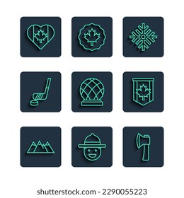 Set line Mountains, Canadian ranger hat, Wooden axe, Snowflake, Montreal Biosphere, Ice hockey stick and puck, Heart shaped Canada flag and Pennant of icon. Vector