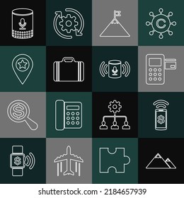 Set line Mountains, Contactless payment, Pos terminal, and flag, Suitcase for travel, Location with star, Voice assistant and  icon. Vector