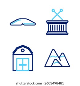 Set line Mountains, Farm House, Musical drum and sticks and Homemade pie icon. Vector