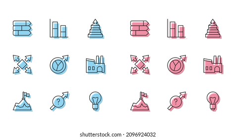 Set line Mountains with flag, Arrow, Pie chart infographic, Light bulb, Financial growth, Factory, Many ways directional arrow and Graph, chart, diagram icon. Vector
