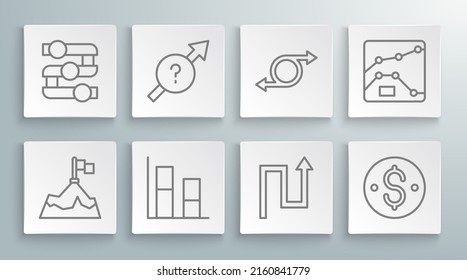 Set line Mountains with flag, Arrow, Graph, chart, diagram, Dollar symbol,  and  icon. Vector
