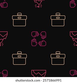 Set line Mountains with flag, Briefcase and Project team base on seamless pattern. Vector