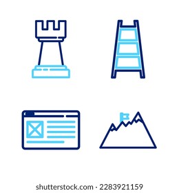 Fijar la línea Montañas con el indicador, la ventana del navegador, el acabado de la escalera y el icono del ajedrez. Vector