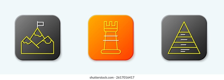 Set line Mountains with flag, Business strategy and Pyramid chart infographics icon. Vector