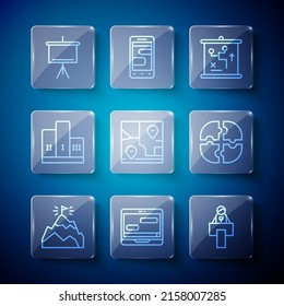 Set line Mountains with flag, Chat messages on laptop, Stage stand or tribune, Planning strategy concept, Folded map location, Award over winner podium, Chalkboard and Piece of puzzle icon. Vector