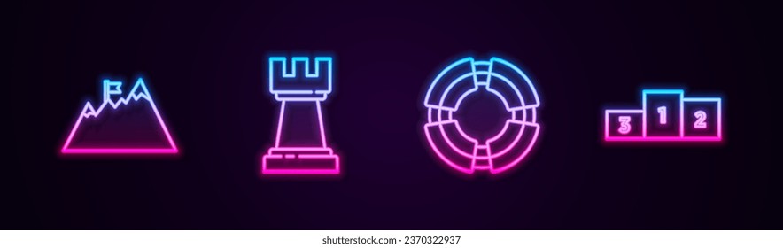 Set line Mountains with flag, Chess, Business lifebuoy and podium. Glowing neon icon. Vector