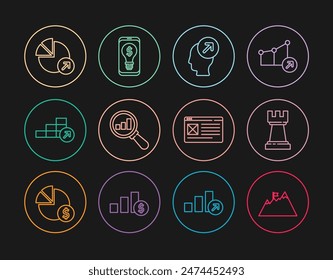 Set line Mountains with flag, Chess, Head hunting concept, Magnifying glass and analysis, Financial growth, Browser window and Light bulb dollar mobile icon. Vector