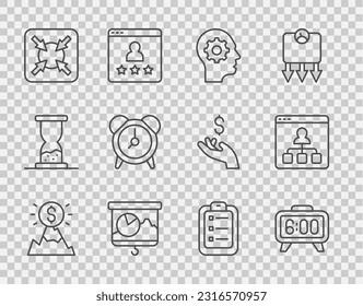 Set line Mountains with flag, Digital alarm clock, Human head gear inside, Chalkboard chart, Target, Alarm, To do list or planning and Online education icon. Vector