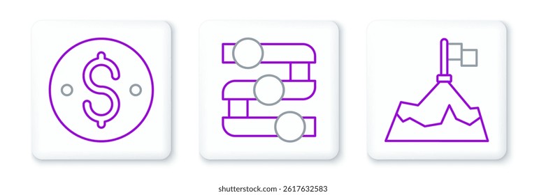 Set line Mountains with flag, Dollar symbol and Graph, chart, diagram icon. Vector