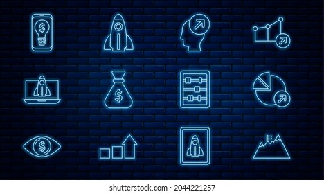 Set line Mountains with flag, Financial growth, Head hunting concept, Money bag, Startup project, Light bulb dollar mobile, Abacus and  icon. Vector