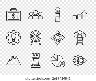 Set line Mountains with flag, Gear dollar, Lighthouse, Chess, Briefcase and money, Target, Financial growth and Stair finish icon. Vector