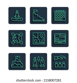 Set line Mountains with flag, Growth chart and progress, Boss employee, Calendar, Folded map location, Location the globe, Rocket and Chat messages laptop icon. Vector