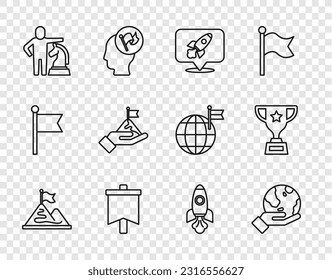 Set line Mountains with flag, Hand holding Earth globe, Rocket ship, Flag, Chess,  and Award cup icon. Vector