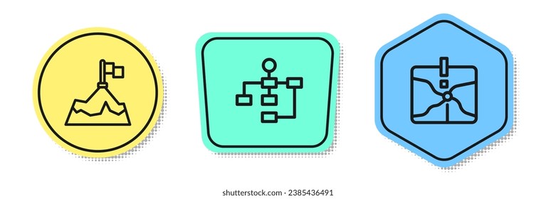 Set line Mountains with flag, Hierarchy organogram chart and Intersection point. Colored shapes. Vector