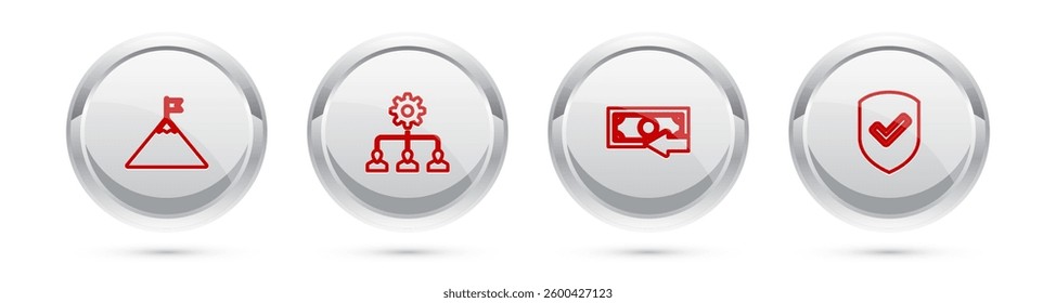 Set line Mountains and flag, Lead management, Cash back and Shield with check mark. Silver circle button. Vector