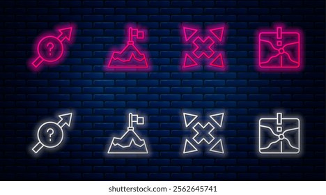 Set line Mountains with flag, Many ways directional arrow, Arrow and Intersection point. Glowing neon icon on brick wall. Vector