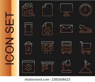 Set line Mountains with flag on top, Shopping cart, Stapler, Computer monitor, Document settings, Mobile phone, graph chart and Mail and e-mail icon. Vector