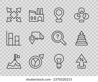 Fijar las montañas de línea con bandera, flecha de porcentaje arriba, Ubicación, crecimiento financiero, Muchas vías direccionales, Seguimiento de entrega, Bombilla de luz y icono de infografía de gráfico de pirámide. Vector
