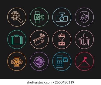Set line Mountains and flag, Plane, Car DVR, Contactless payment, Suitcase for travel, Magnifying glass dollar, Lead management and  icon. Vector