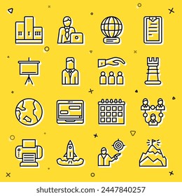 Montañas con bandera, base del equipo del proyecto, estrategia de negocios, en todo el mundo, trabajador, pizarra, premio sobre el podio del ganador e icono del jefe empleado. Vector