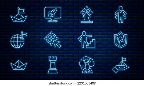 Set line Mountains with flag, Shield, Target, Planet, Folded paper boat, Stair finish and Rocket ship icon. Vector