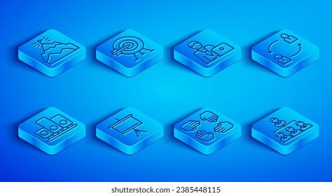 Set line Mountains with flag, Target arrow, Businessman, Chalkboard, Project team base, Human resources, Ranking star and Hierarchy organogram chart icon. Vector