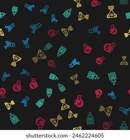 Set line Mountains with flag, Target, Award cup and Hand for search people on seamless pattern. Vector