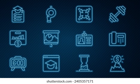 Set line Mountains with flag, Telephone 24 hours support, Target, Chalkboard chart, Key performance indicator, Online education, Identification badge and Whistle icon. Vector