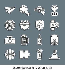 Set line Mountains and flag, Voice assistant, Contactless payment, Magnifying glass for search people, Project team base, Globe with flying plane, Paper and Waterproof icon. Vector