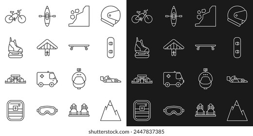 Set line Mountains, Formula 1 racing car, Snowboard, Landslide, Hang glider, Skates, Bicycle and Longboard skateboard icon. Vector