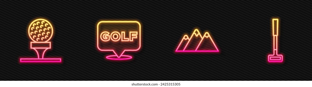 Montañas, pelota de golf en la camiseta, etiqueta y club. Icono de neón brillante. Vector