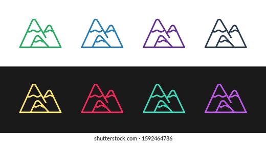 Set line Mountains icon isolated on black and white background. Symbol of victory or success concept.  Vector Illustration