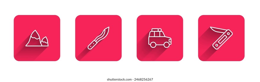 Set line Mountains, Machete, Car and Swiss army knife with long shadow. Red square button. Vector