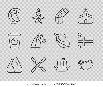 Set Line Mountains, Landkarte von Island, Socks, Oars oder Paddelboot, Albatross, Pferd, Wiking Schiff Drakkar und Flagge Symbol. Vektorgrafik