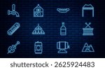 Set line Mountains, Musical drum and sticks, Hotdog sandwich, Massive steel chandelier, Harmonica, Beer tap, bottle and Farm House icon. Vector