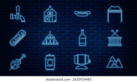 Set line Mountains, Musical drum and sticks, Hotdog sandwich, Massive steel chandelier, Harmonica, Beer tap, bottle and Farm House icon. Vector