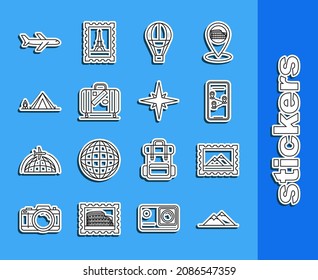 Set line Mountains, Postal stamp and, Infographic of city map navigation, Hot air balloon, Suitcase for travel stickers, Tourist tent with wood fire, Plane and Wind rose icon. Vector