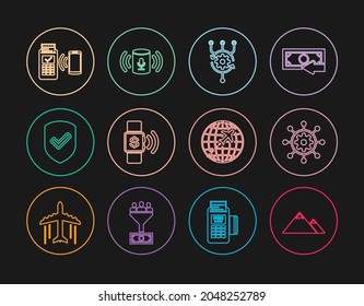 Fijar montañas de línea, gestión de proyectos, Algoritmo, pago sin contacto, Escudo con marca de verificación, terminal POS, plano volante de globo e icono de asistente de voz. Vector
