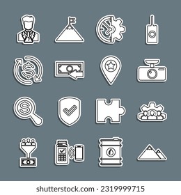 Set line Mountains, Project team base, Car DVR, Clock and gear, Cash back, Return of investment, Scientist test tube and Location with star icon. Vector
