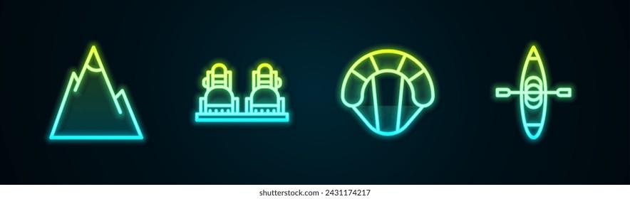 Set line Mountains, Snowboard, Parachute and Kayak or canoe. Glowing neon icon. Vector