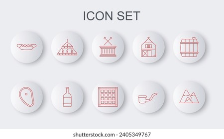 Set line Mountains, Steak meat, Musical drum and sticks, Smoking pipe, Hotdog sandwich, Massive steel chandelier, Beer bottle and Checkered napkin icon. Vector