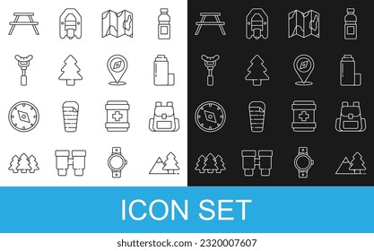 Set line Mountains with tree, Hiking backpack, Thermos container, Location of the forest map, Forest, Sausage fork, Picnic table benches and Compass icon. Vector