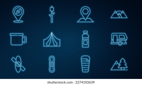 Set line Mountains with tree, Rv Camping trailer, Location, Tourist tent, metal mug, Compass, Bottle of water and Marshmallow stick icon. Vector